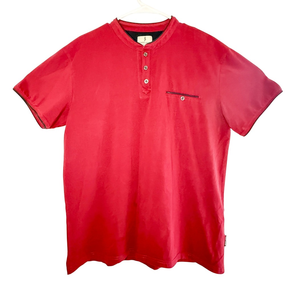 Scott James England Mens XL Red Henley Shirt Mandarin Collar Quiet Luxury
